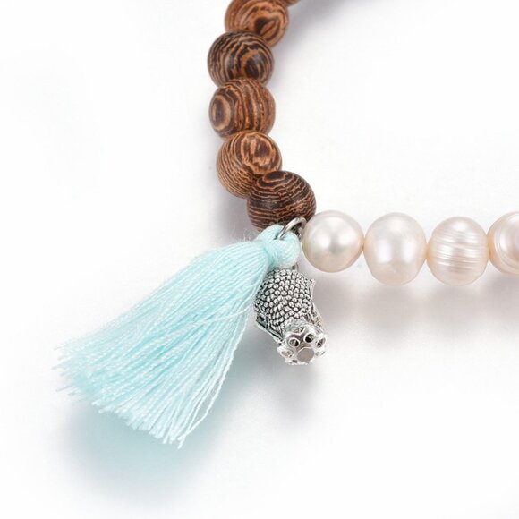 NWOT Natural Pearl & Burly wood bead Stretch Bracelet Tassel & Zen Buddha 2/$25 - Picture 3 of 4